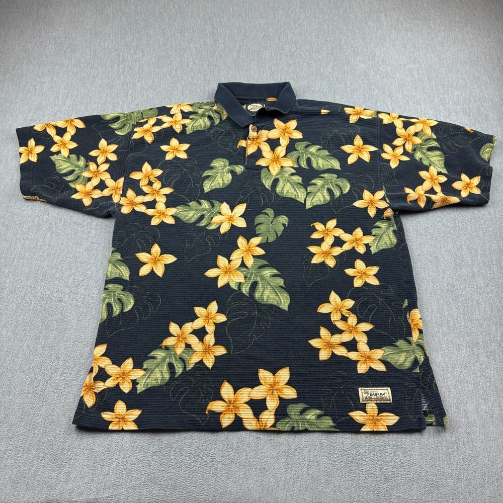 Vintage Tommy Bahama Polo Shirt Mens Xl Black Hawaiian Floral Tropical Cotton